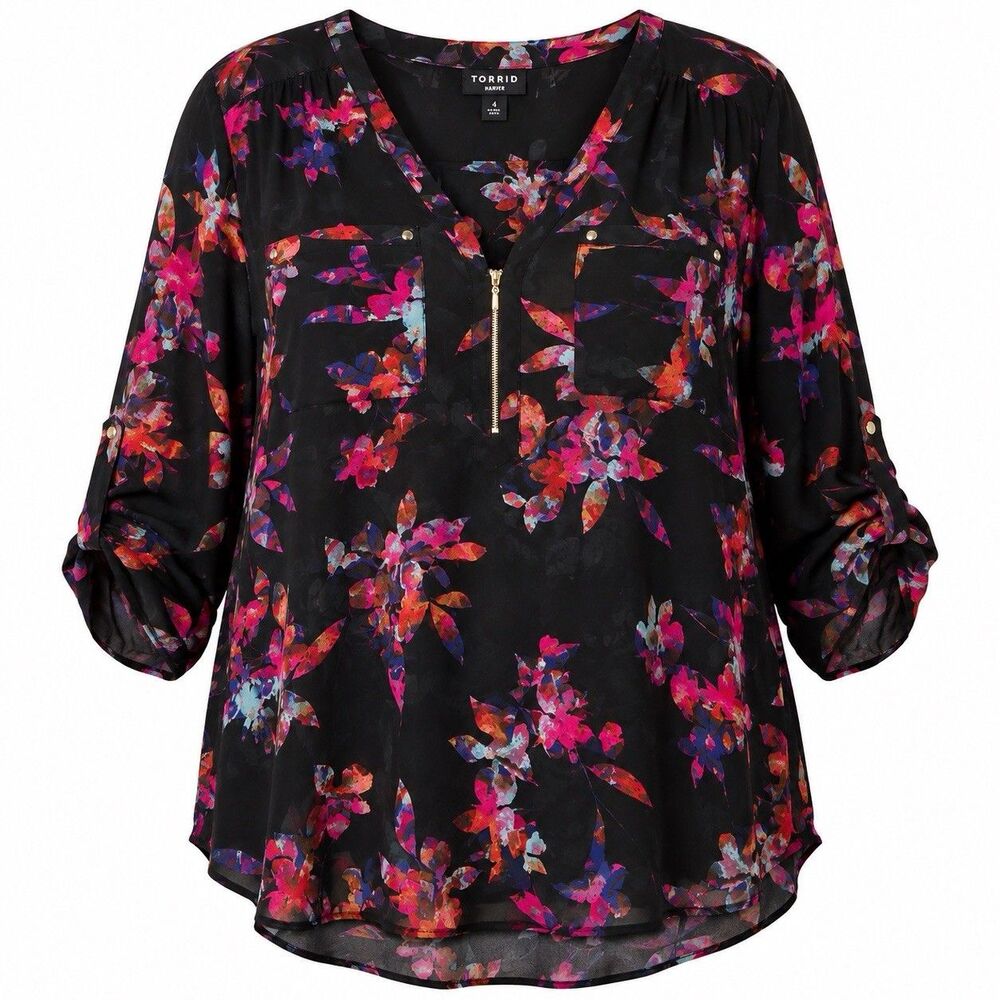 Torrid Harper 4X Black Floral Tunic Blouse Zip Front Boho Career Plus Size Top